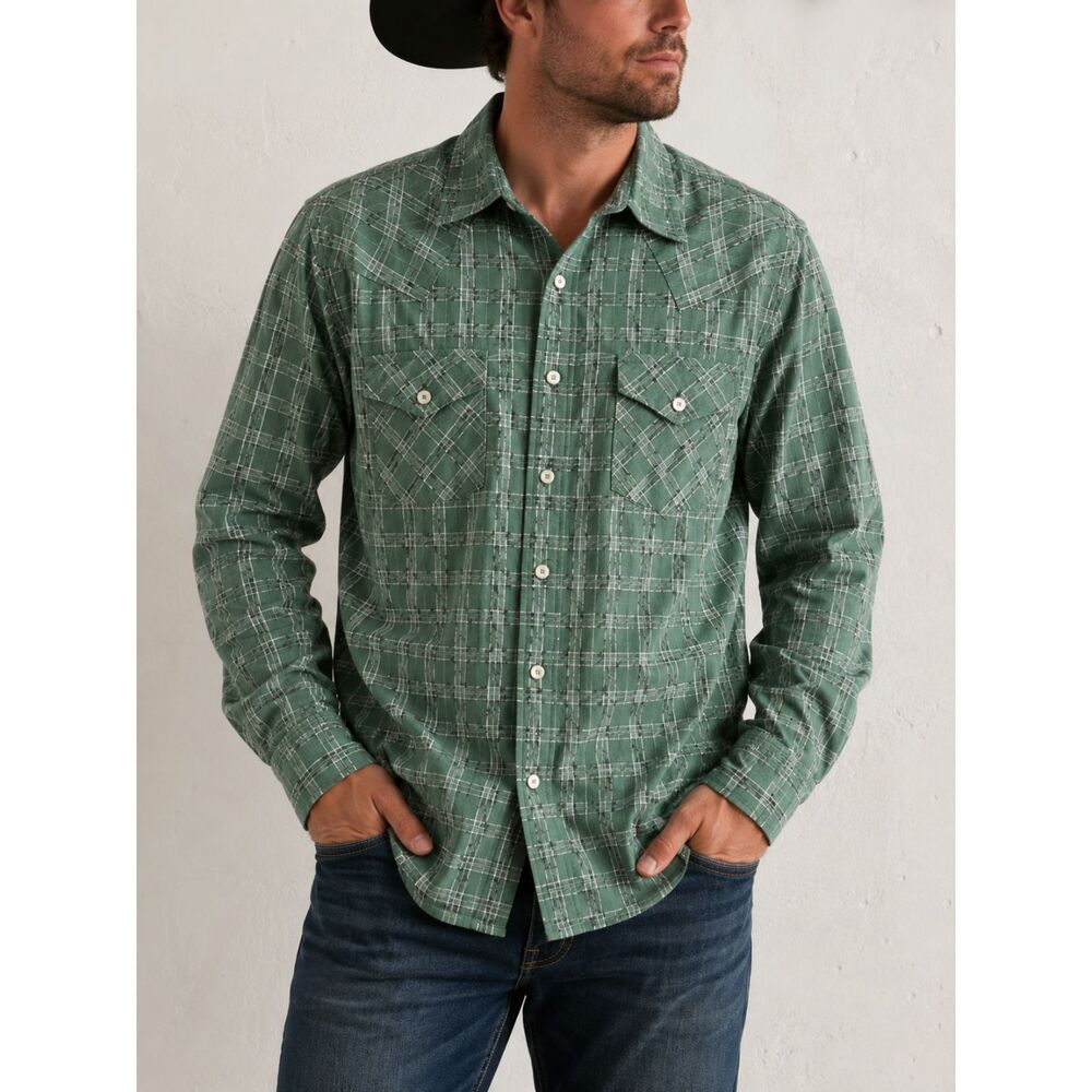 Rancho Estancia Men’s Green Plaid Western Shirt Textured Weave Medium